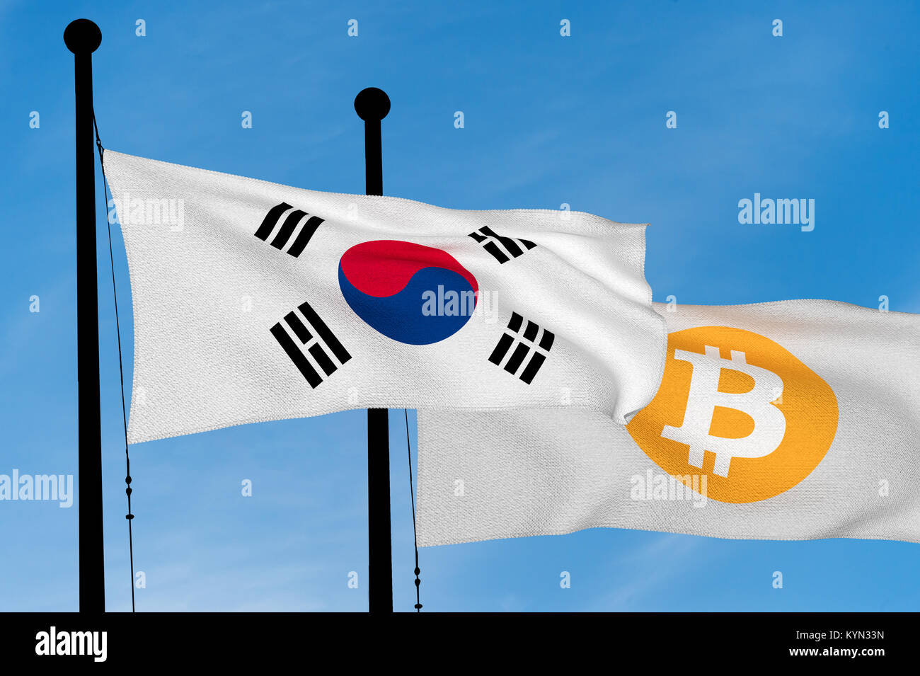 South Korea flag and Bitcoin Flag waving over blue sky (digitally generated image) Stock Photo
