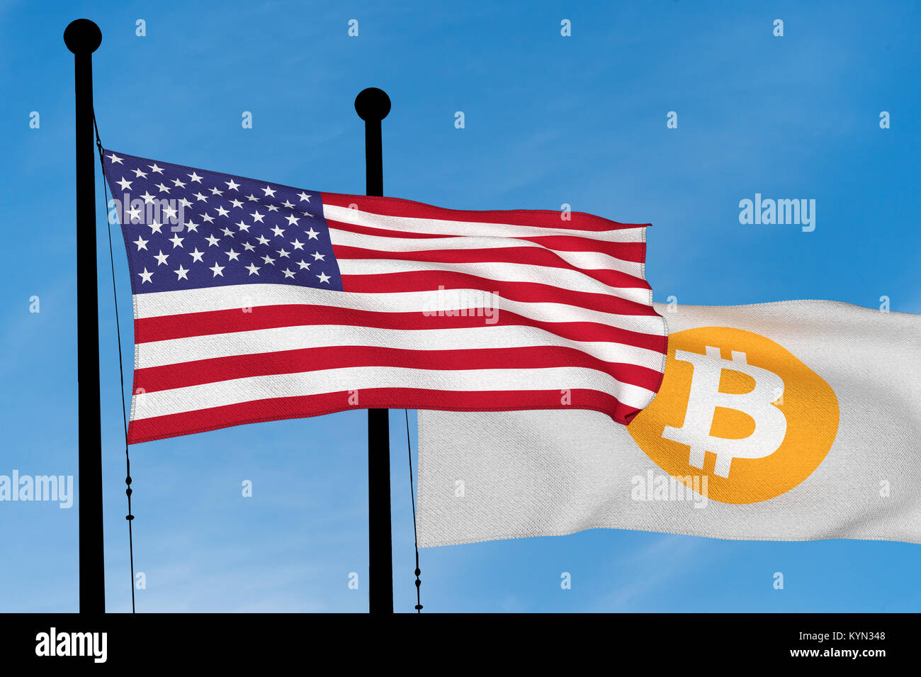 US flag and Bitcoin Flag waving over blue sky (digitally generated image) Stock Photo
