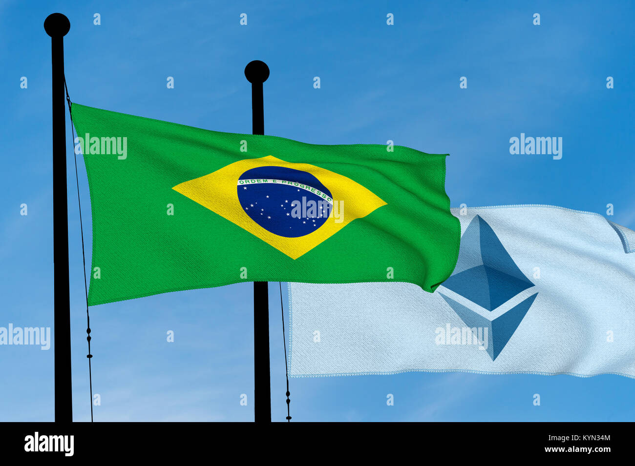 Brazil Flag and Ethereum Flag waving over blue sky (digitally generated image) Stock Photo