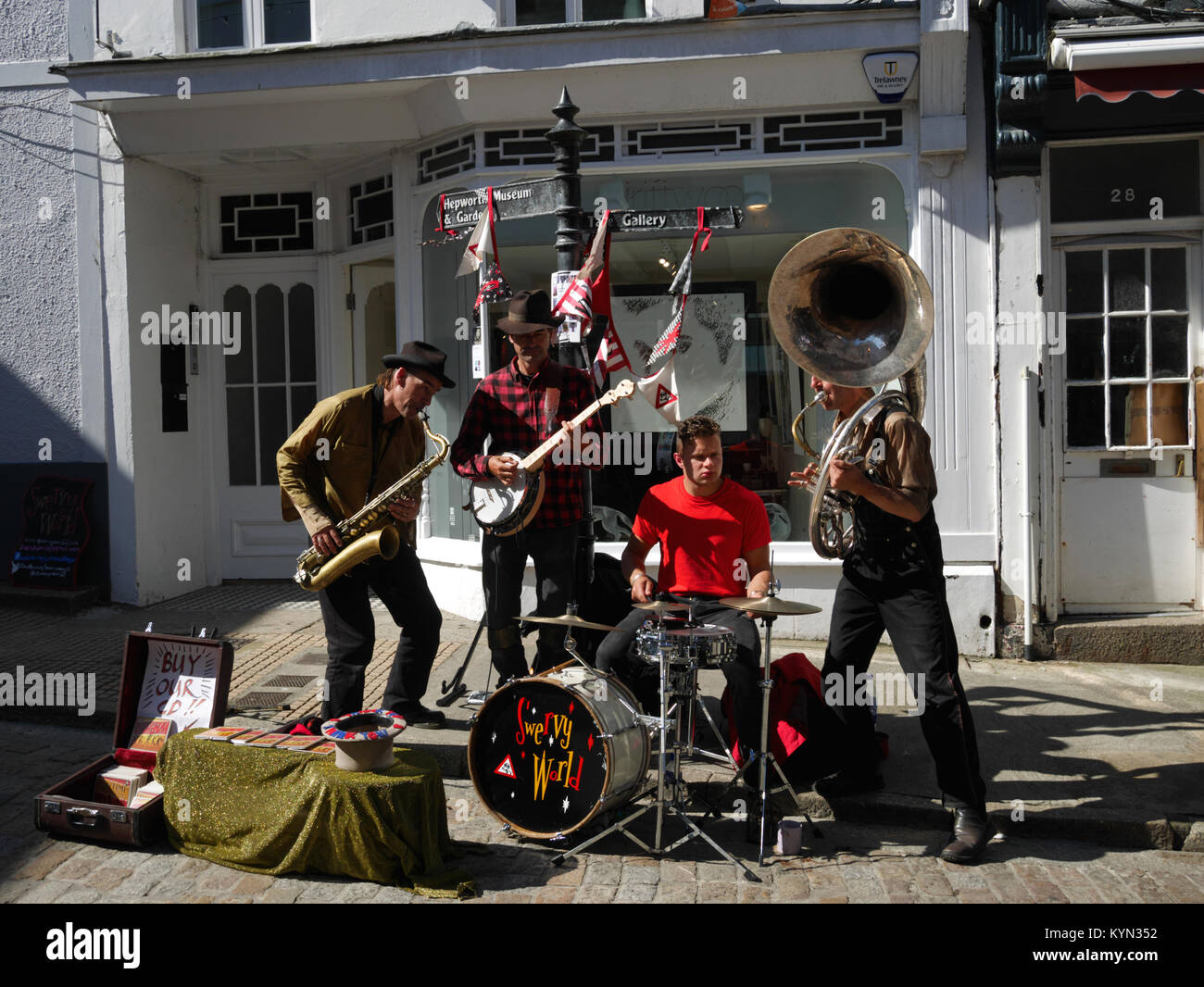 Jazz band 'Swervy World' playing in a street in St Ives, Cornwall. Stock Photo