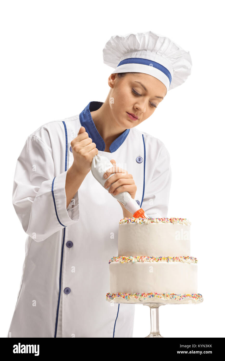 Female chef making a cake isolated on white background Stock Photo Alamy