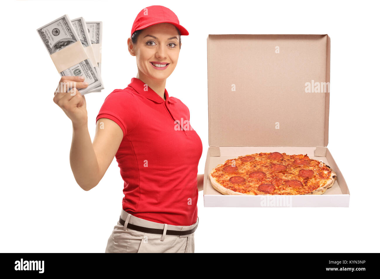 Pizza delivery girl with bundles of money and a pizza box isolated on