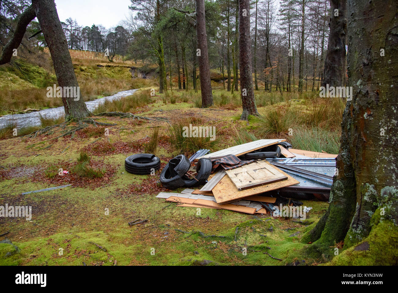 Fly tipping in an Area of Outstanding Natural Beauty. Rubbish dumped in the Forest of Bowland, Marshaw, Lancaster, Lancashire, United Kingdom. 15.1.18 Stock Photo