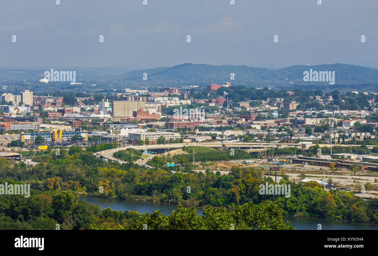 Overview of the city of Chattanooga, Tennessee with the Tennessee River in the foreground as seen from the Ruby Falls Tower atop Lookout Mountain. Stock Photo