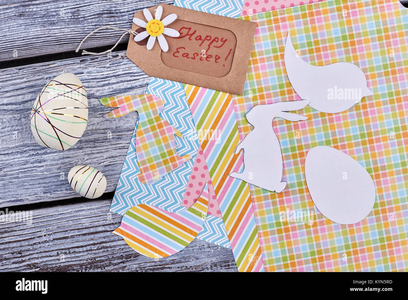 Easter card, styrofoam eggs, paper cutouts. Stock Photo