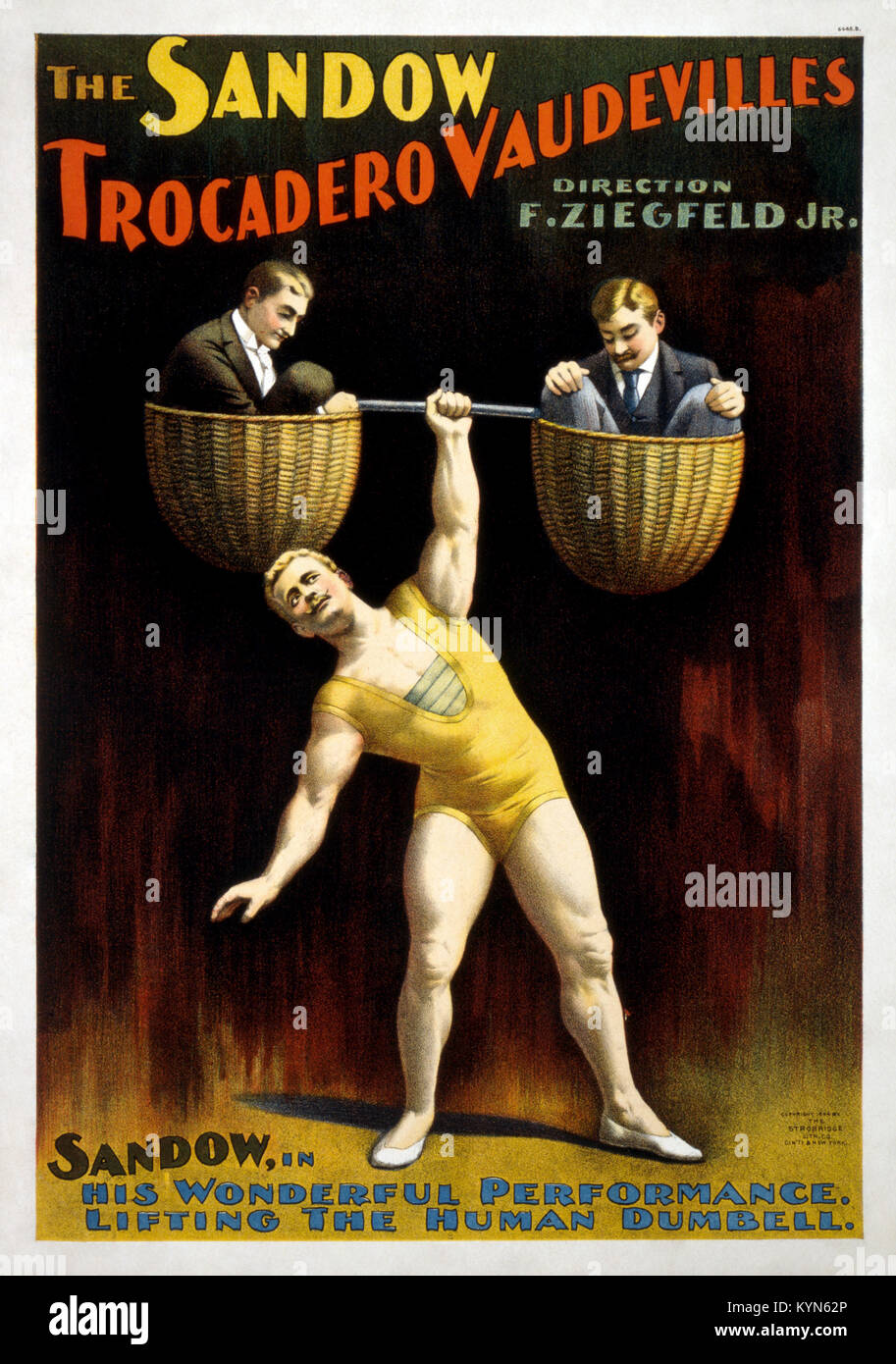 Eugen Sandow, pioneering German bodybuilder, known as the 'father of modern bodybuilding'. Eugen Sandow in 1894 poster for the Sandow Trocadero Vaudevilles, produced by F. Ziegfeld, Jr. in one of his first productions Stock Photo