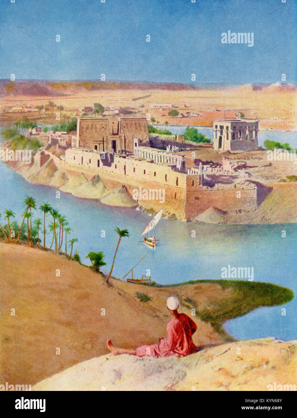 The Temple Complex on the island of Philae, Egypt c. 1920. The building of the Aswan Dam meant that the island was submerged between November and June, it was later dismantled and relocated to Agilkia island, Nile River. From The Wonders of the World, published c.1920. Stock Photo