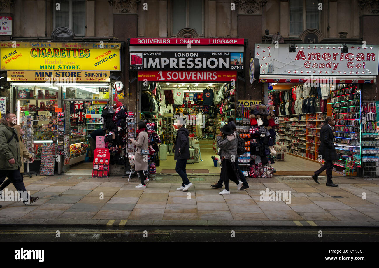 London England UK tourist shops in Piccadilly and Leicester square are of the West End of London. January 2018 Stock Photo