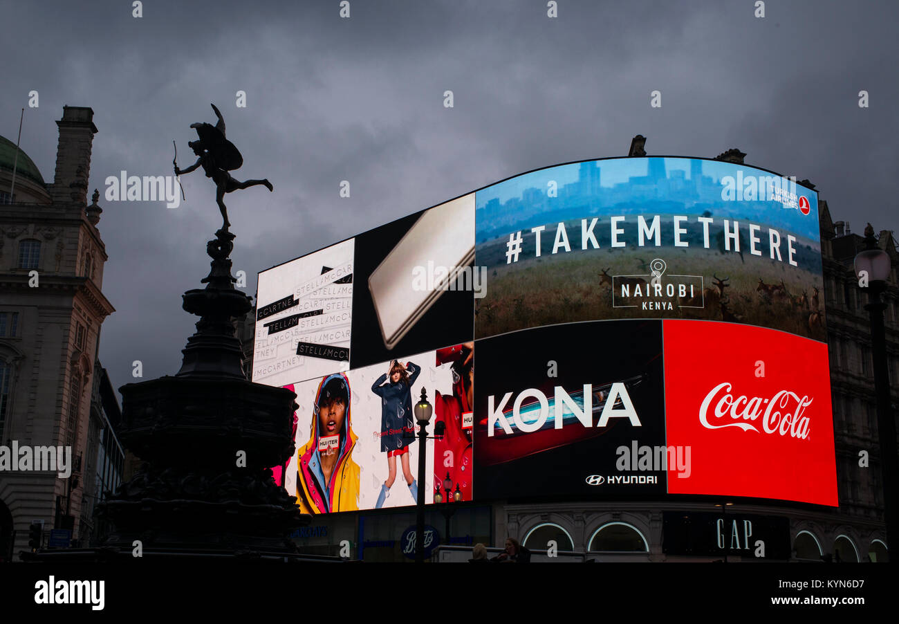 London Piccadilly Circus showing NEW advertising displays and the statue of Eros, the God of Love. January 2018 The world famous advertising displays  Stock Photo