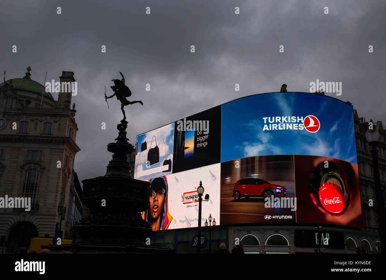 London Piccadilly Circus showing NEW advertising displays and the statue of Eros, the God of Love. January 2018 The world famous advertising displays  Stock Photo