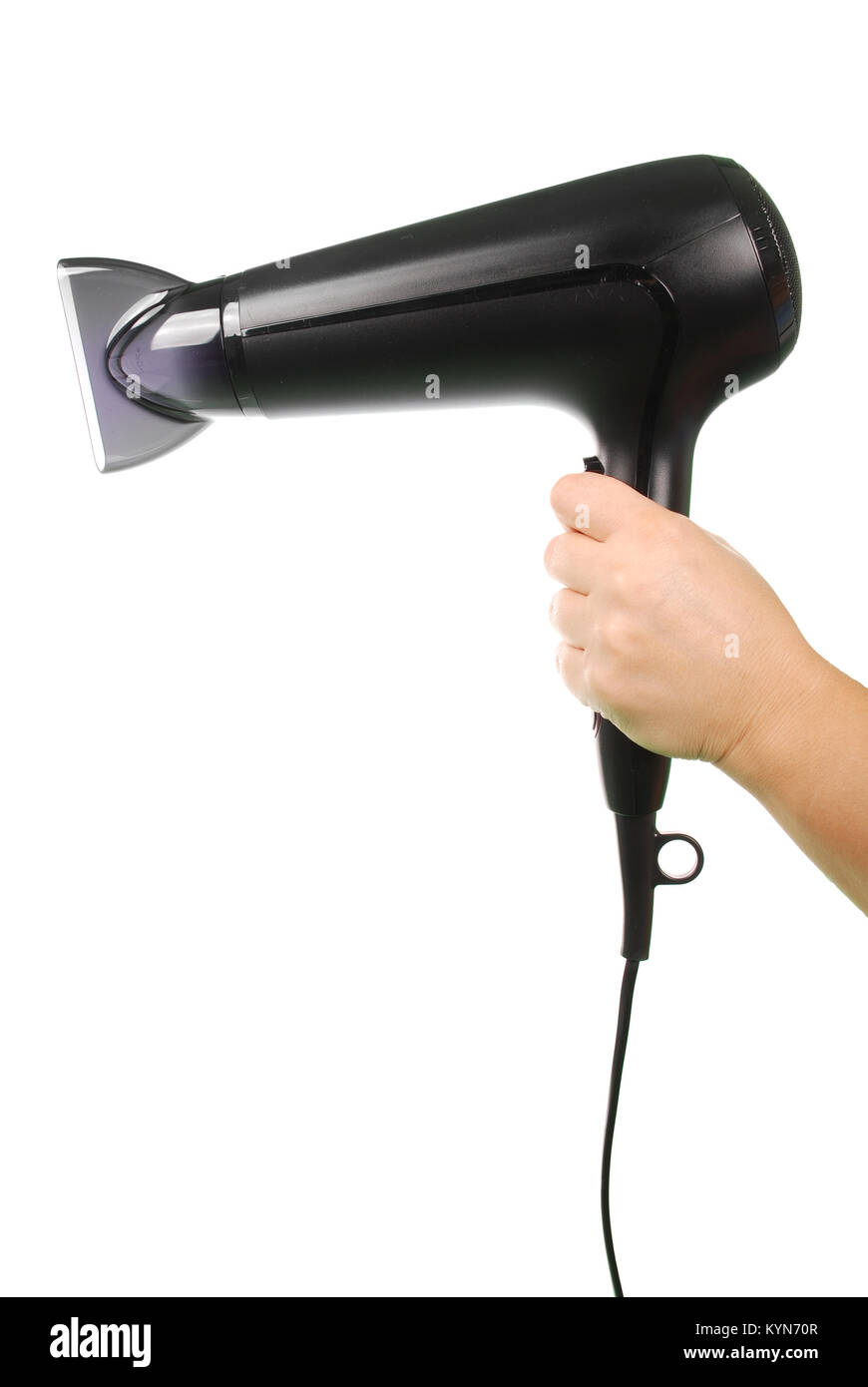 Hand holding black hair dryer isolated on white background Stock Photo -  Alamy