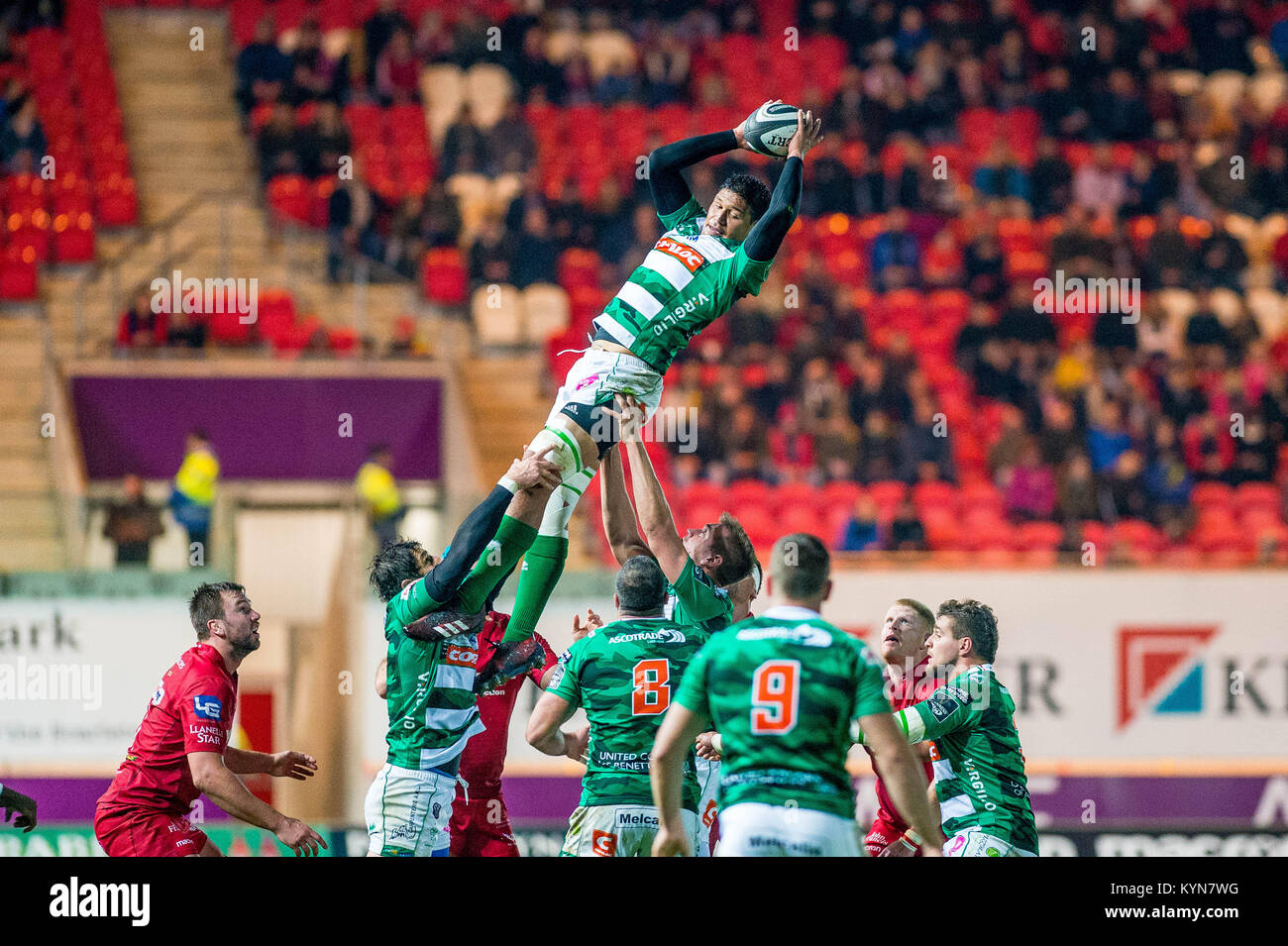 FAO SPORTS PICTURE DESK LLANELLI, WALES - NOVEMBER 03: Whetu Douglas  Benetton Treviso jumps for a line out ball during the Guinness PRO14 match  between Scarlets and Benetton Treviso at Parc y