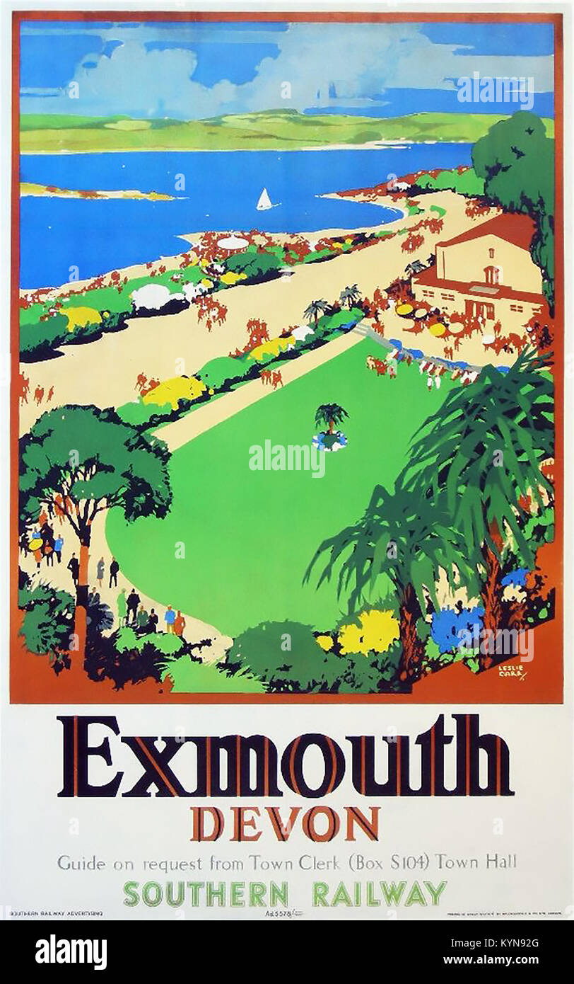 EXMOUTH, England. Thirties promotional poster by Leslie Carr for Southern Railway Stock Photo