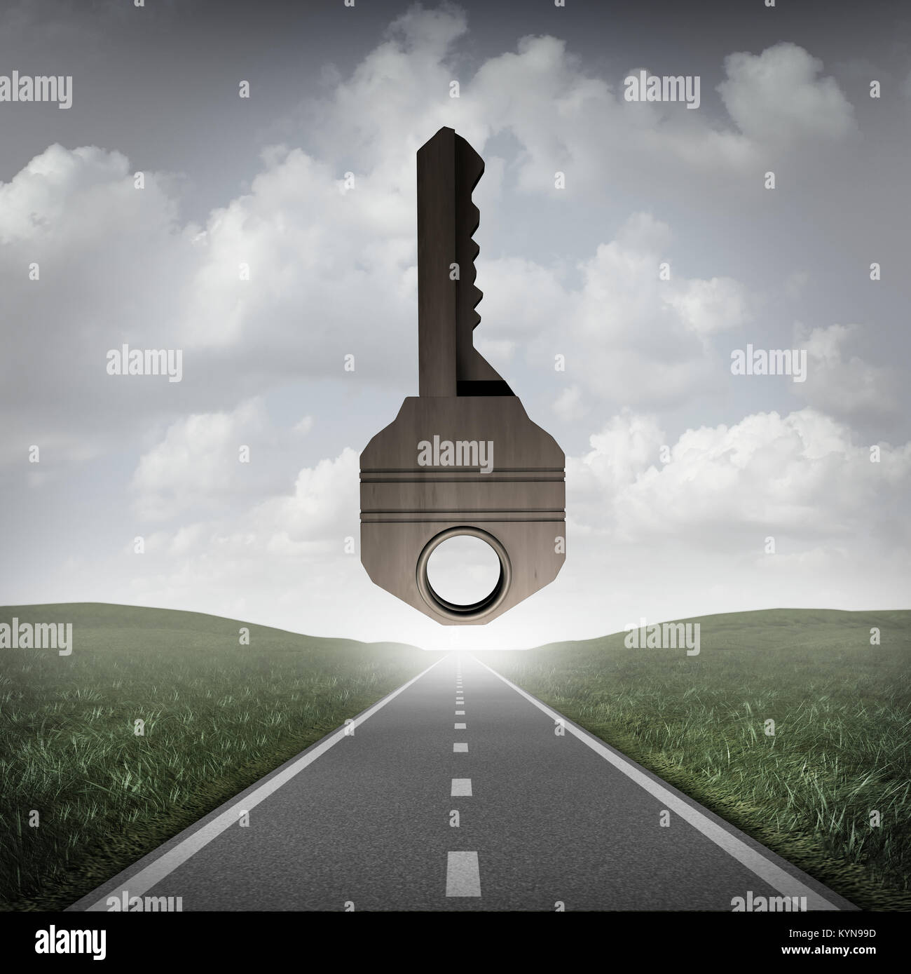 Road key to success concept as a path to succeed with a solution goal ahead as a surreal business or life metaphor for answers as a 3D illustration. Stock Photo