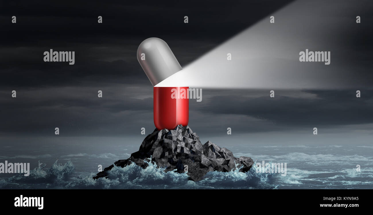Medical advice and medication guidance and prescription drugs health consultation as a giant pill shaped as a lighthouse beacon. Stock Photo