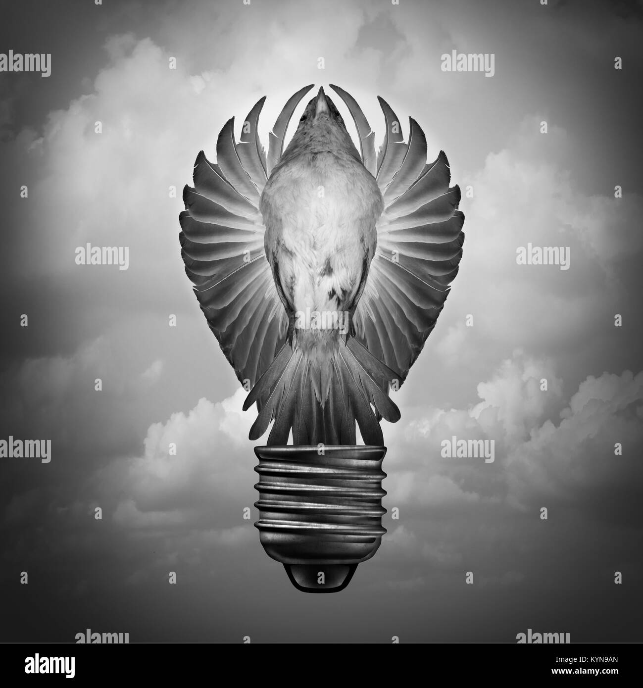 Creative concept as a surreal idea and innovation metaphor with a bird with open wings shaped as a light bulb with 3D illustration elements. Stock Photo