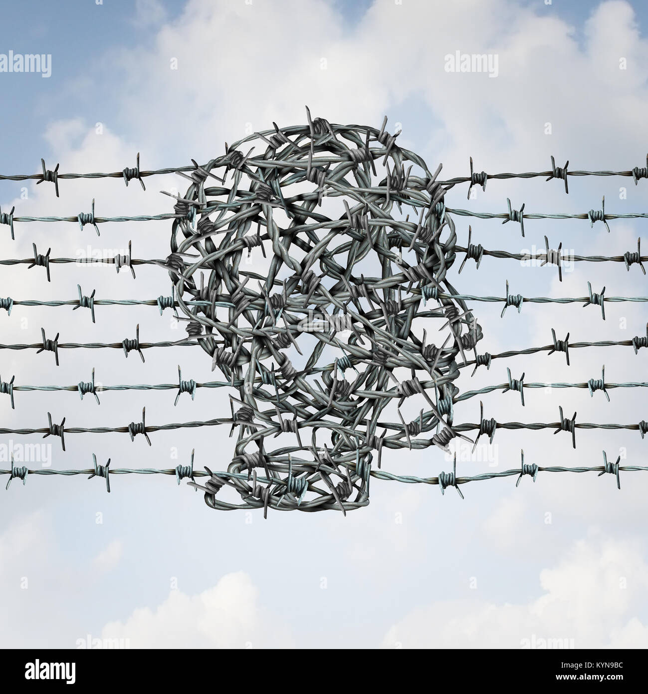 Border security and customs federal enforcement and protection fence shaped as a human head as a guard or law enforcer to protect or jail. Stock Photo