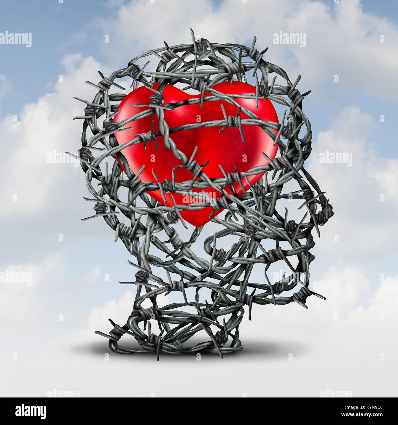 Protect your relationship or closed heart and the psychology of being introvert and shut out of feeling love with 3D illustration elements. Stock Photo