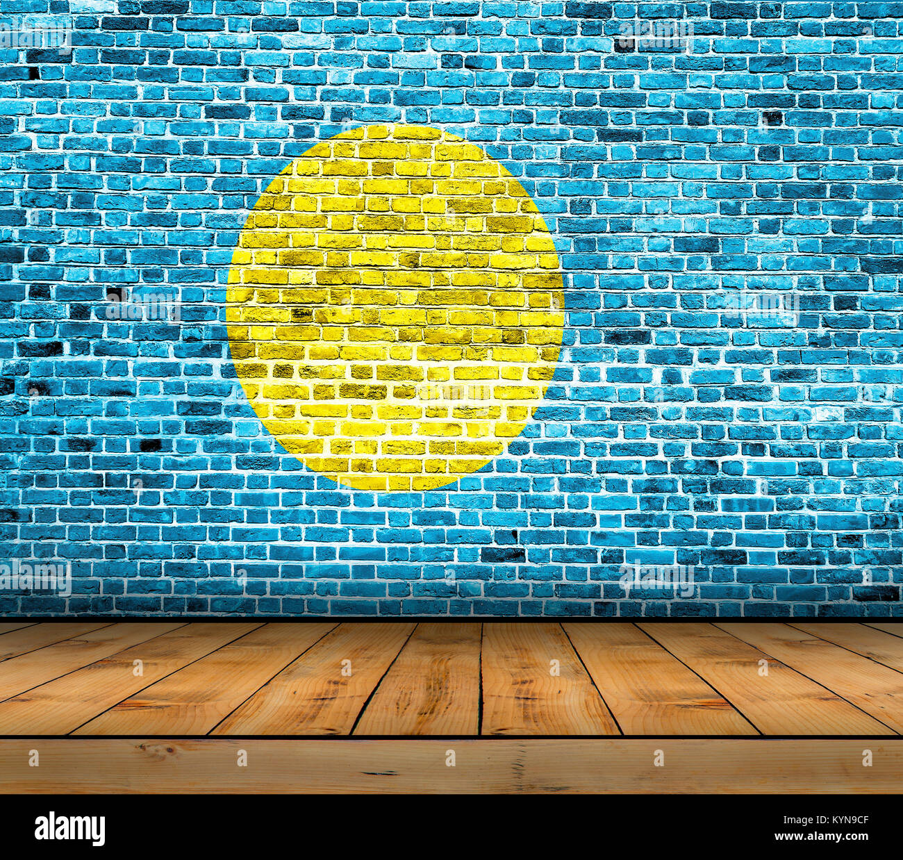 Palau flag painted on brick wall with wooden floor Stock Photo - Alamy