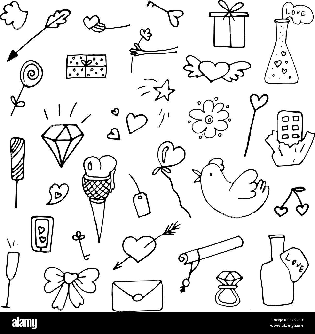 set of valentine icons in doodle style Stock Vector