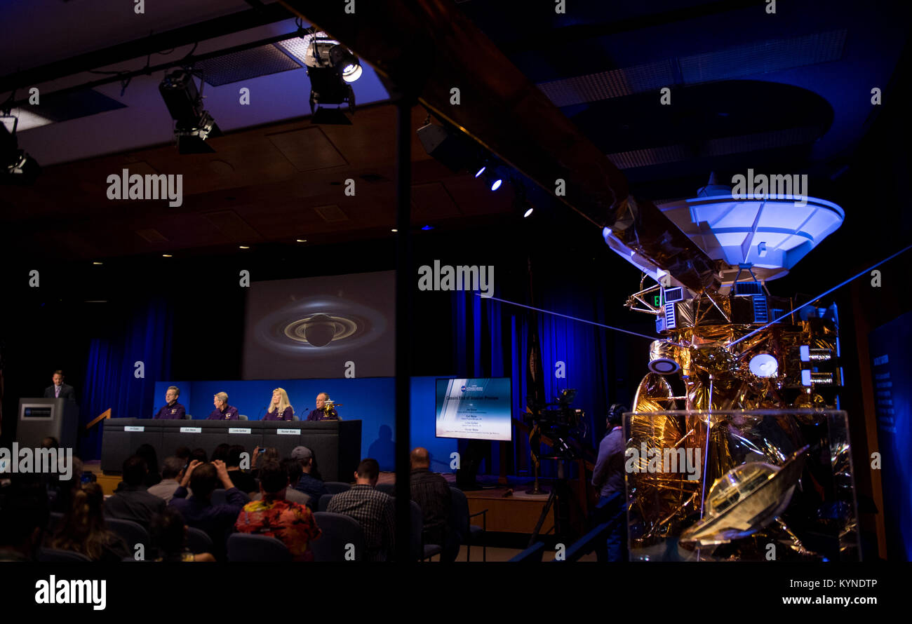 A model of the Cassini spacecraft is seen during a press conference previewing Cassini's End of Mission, Wednesday, Sept. 13, 2017 at NASA's Jet Propulsion Laboratory in Pasadena, California. Participants in the press conference were: Director of NASA's Planetary Science Division, Jim Green, left, Cassini program manager at JPL, Earl Maize, second from left, Cassini project scientist at JPL, Linda Spilker, second from right, and principle investigator for the Neutral Mass Spectrometer (INMS) at the Southwest Research Institute, Hunter Waite, right. Since its arrival in 2004, the Cassini-Huygen Stock Photo