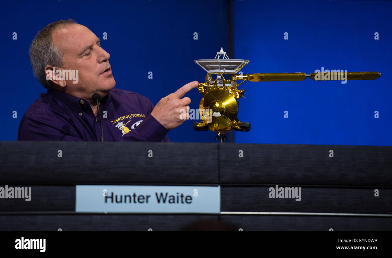 Principle investigator for the Ion and Neutral Mass Spectrometer (INMS) at the Southwest Research Institute, Hunter Waite, points to the location of the INMS during a press conference previewing Cassini's End of Mission, Wednesday, Sept. 13, 2017 at NASA's Jet Propulsion Laboratory in Pasadena, California. Since its arrival in 2004, the Cassini-Huygens mission has been a discovery machine, revolutionizing our knowledge of the Saturn system and captivating us with data and images never before obtained with such detail and clarity. On Sept. 15, 2017, operators will deliberately plunge the spacec Stock Photo