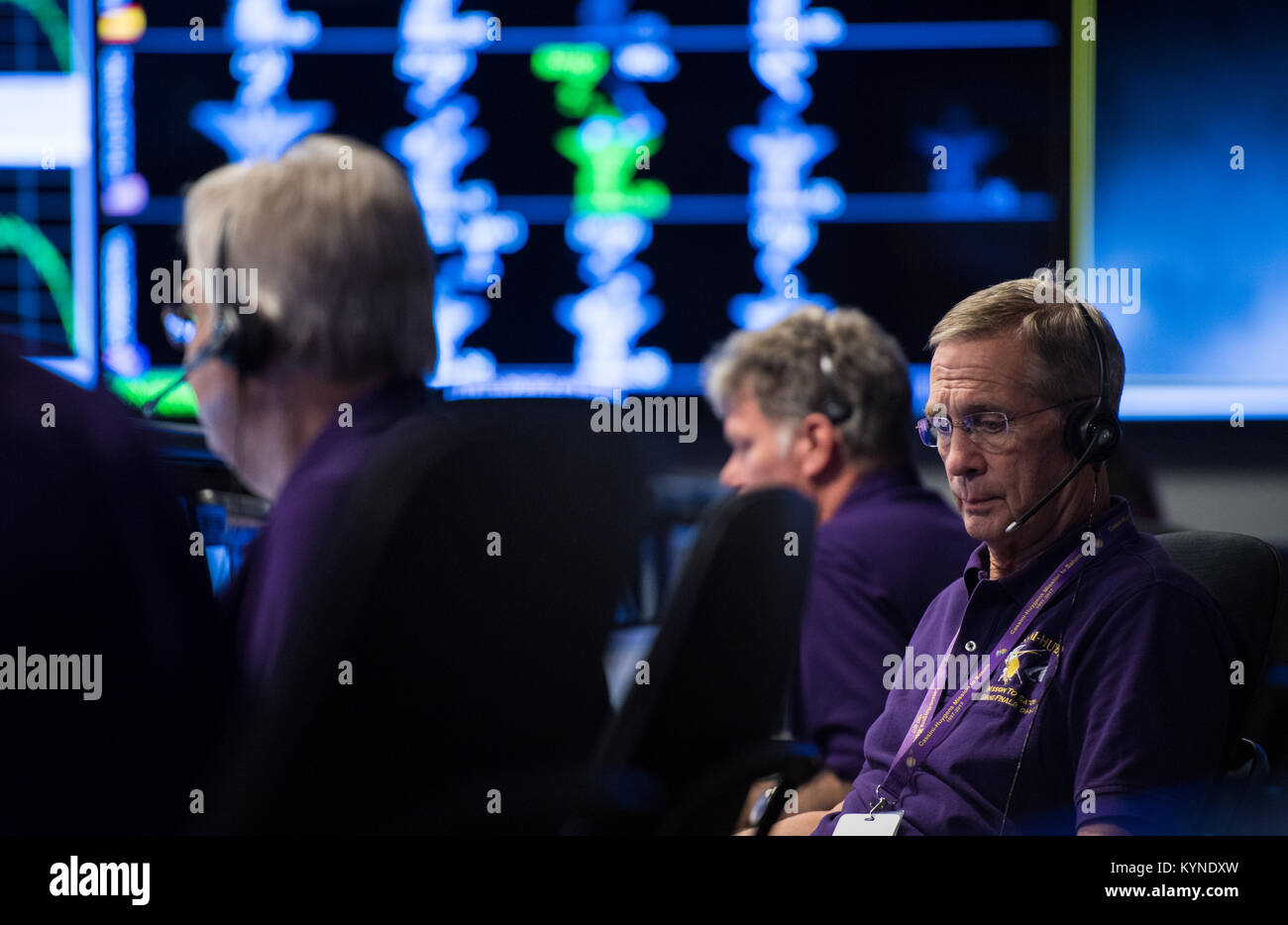 Cassini program manager at JPL, Earl Maize, is seen in mission control of the Space Flight Operations Center as the Cassini team wait for the spacecraft to establish a connection with NASA's Deep Space Network to begin the final playback of its data recorder, Thursday, Sept. 14, 2017 at NASA's Jet Propulsion Laboratory in Pasadena, California. Since its arrival in 2004, the Cassini-Huygens mission has been a discovery machine, revolutionizing our knowledge of the Saturn system and captivating us with data and images never before obtained with such detail and clarity. On Sept. 15, 2017, operato Stock Photo