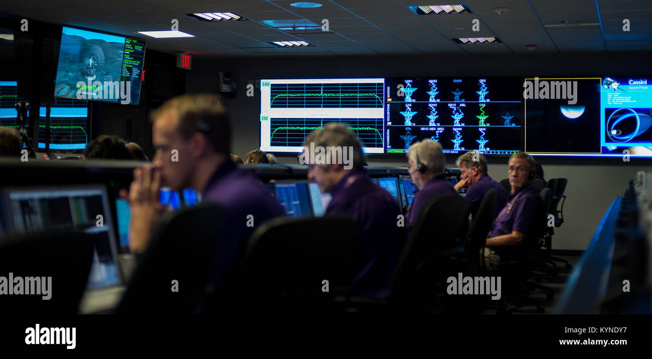 Monitors in mission control of the Space Flight Operations Center display the status of NASA's Deep Space Network as the Cassini spacecraft begins the final playback of its data recorder, Thursday, Sept. 14, 2017 at NASA's Jet Propulsion Laboratory in Pasadena, California. Since its arrival in 2004, the Cassini-Huygens mission has been a discovery machine, revolutionizing our knowledge of the Saturn system and captivating us with data and images never before obtained with such detail and clarity. On Sept. 15, 2017, operators will deliberately plunge the spacecraft into Saturn, as Cassini gathe Stock Photo