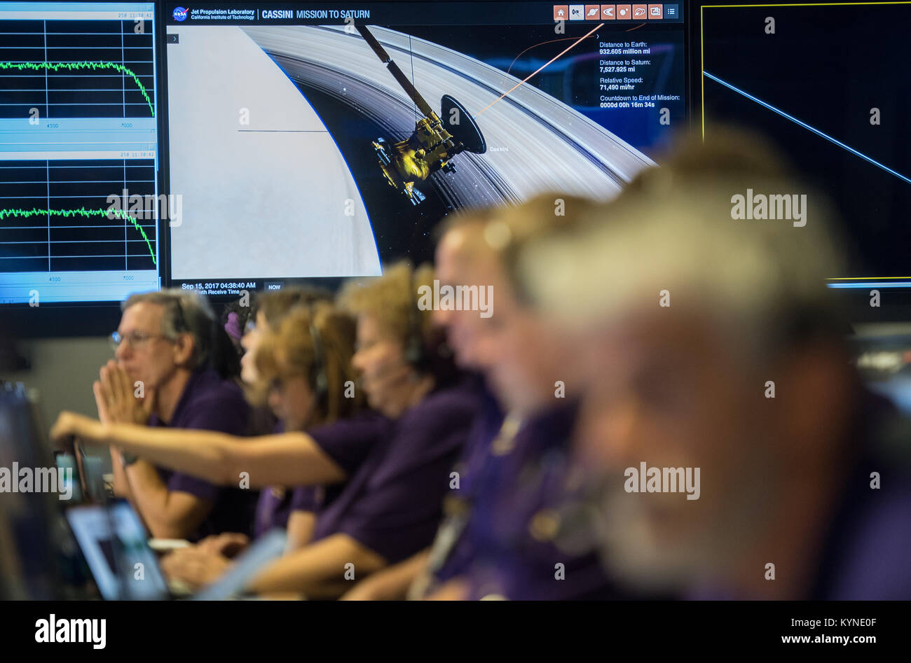 A monitor in the mission control room shows a visualization of Cassini as it makes its final plunge into Saturn, Friday, Sept. 15, 2017 at NASA's Jet Propulsion Laboratory in Pasadena, California. Since its arrival in 2004, the Cassini-Huygens mission has been a discovery machine, revolutionizing our knowledge of the Saturn system and captivating us with data and images never before obtained with such detail and clarity. On Sept. 15, 2017, operators deliberately plunged the spacecraft into Saturn, as Cassini gathered science until the end. Loss of contact with the Cassini spacecraft occurred a Stock Photo