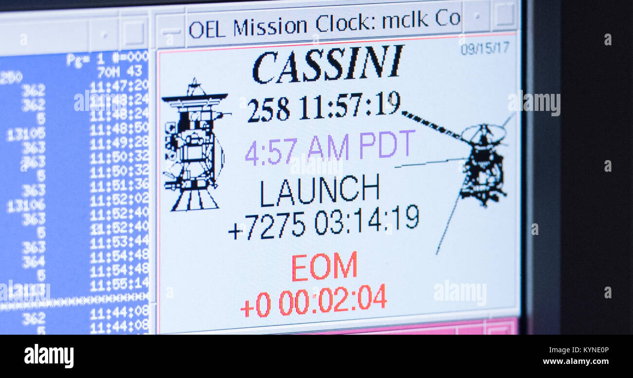A computer screen in mission control displays mission elapsed time for Cassini minutes after the spacecraft plunged into Saturn's atmosphere, Friday, Sept. 15, 2017 at NASA's Jet Propulsion Laboratory in Pasadena, California. Since its arrival in 2004, the Cassini-Huygens mission has been a discovery machine, revolutionizing our knowledge of the Saturn system and captivating us with data and images never before obtained with such detail and clarity. On Sept. 15, 2017, operators will deliberately plunge the spacecraft into Saturn, as Cassini gathered science until the end. Loss of contact with  Stock Photo