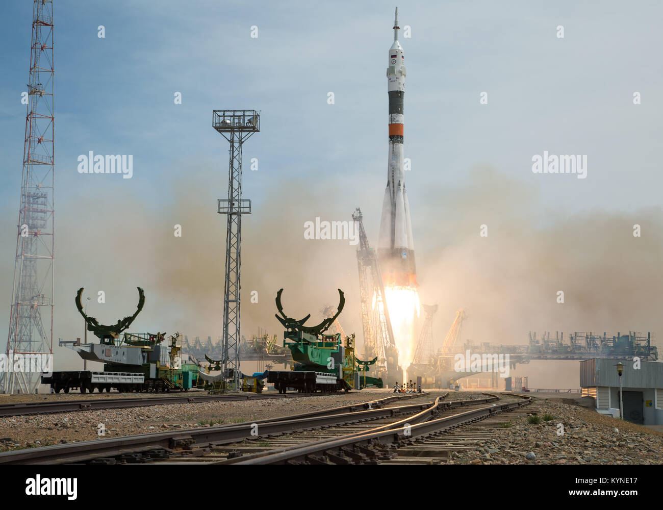 The Soyuz MS-04 rocket launches from the Baikonur Cosmodrome in Kazakhstan on Thursday, April 20, 2017 Baikonur time carrying Expedition 51 Soyuz Commander Fyodor Yurchikhin of Roscosmos and Flight Engineer Jack Fischer of NASA into orbit to begin their four and a half month mission on the International Space Station. (Photo Credit: NASA/Aubrey Gemignani) Stock Photo