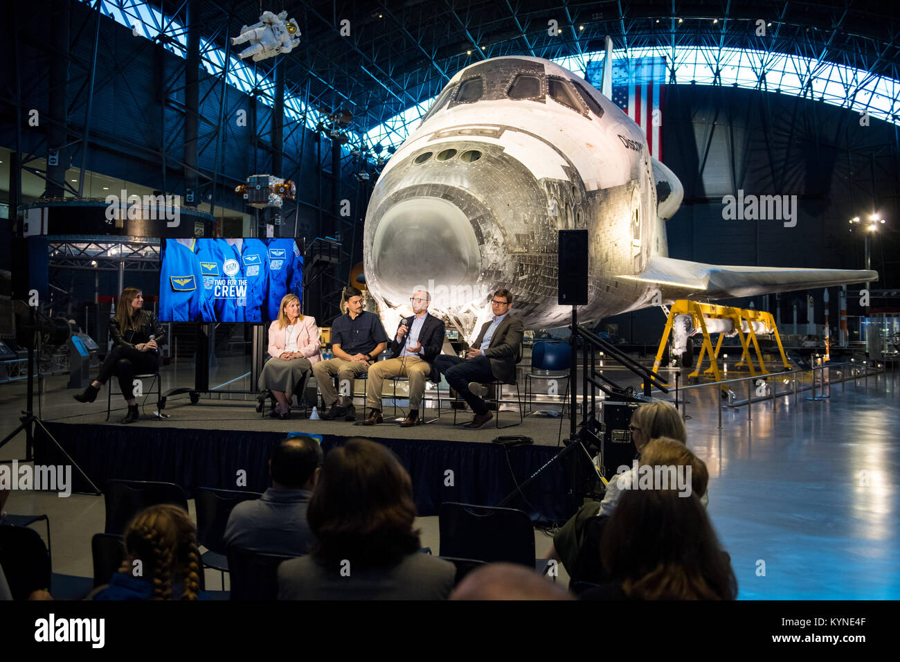 Ryan Heitz, co-founder and head of school, Ideaventions Academy, second from right, speaks on a panel on &quot;igniting NOVA K-12 engineering and maker education&quot;, at a pop-up makerspace hosted by Future Engineers with support from NASA and The American Society of Mechanical Engineers (ASME), at the Steven F. Udvar-Hazy Center, Thursday, September 21, 2017 in Chantilly, Virginia. Participants were able to create digital 3D models using Autodesk Tinkercad and watch objects being printed with Makerbot 3D printers. Photo Credit: (NASA/Aubrey Gemignani) Stock Photo