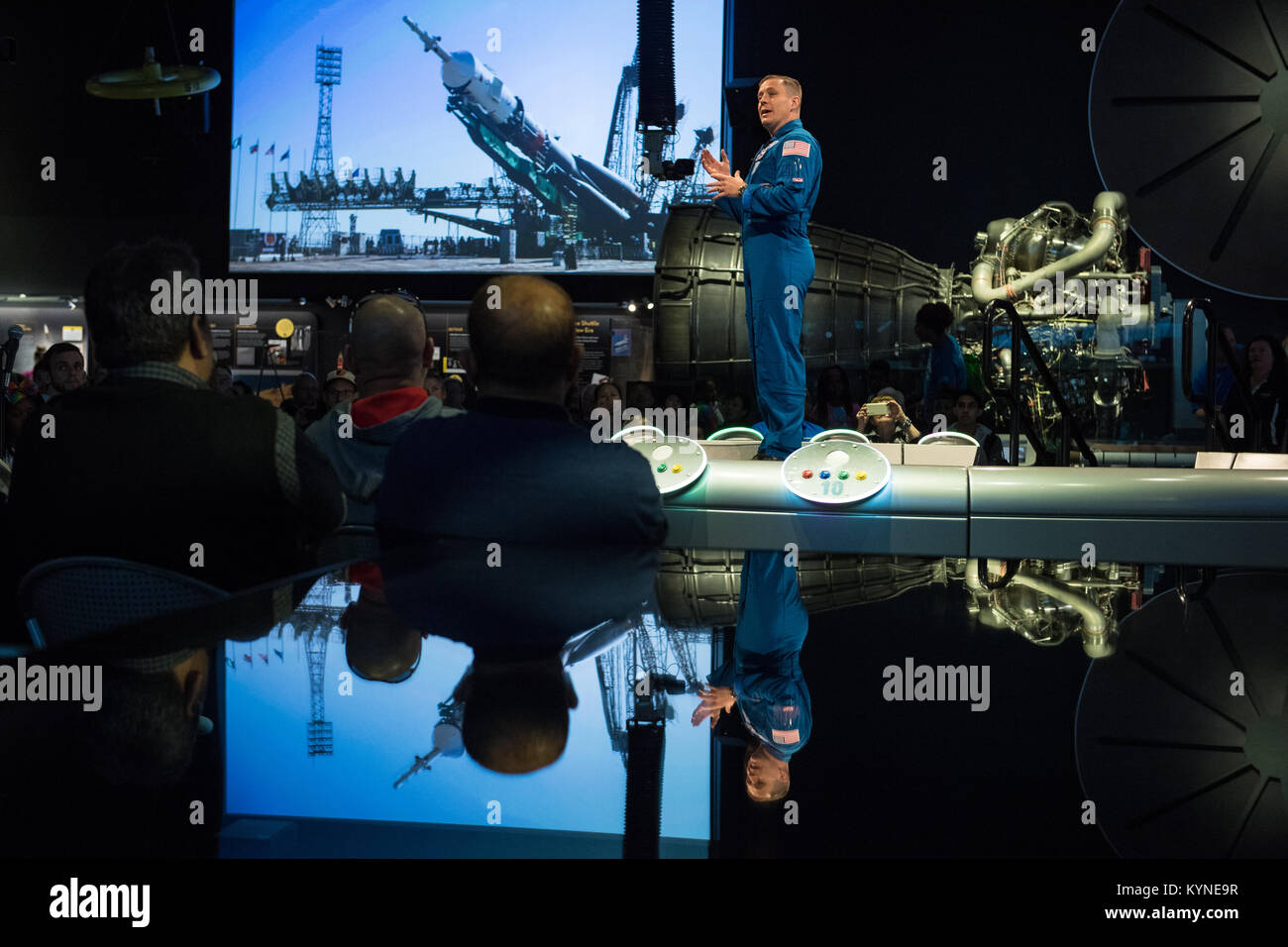NASA astronaut Jack Fischer speaks about his time onboard the International Space Station (ISS) during Expeditions 51/52, Friday, Nov. 3, 2017 at Smithsonian's National Air and Space Museum in Washington. During Expedition 52, Fischer completed hundreds of scientific experiments and two spacewalks, and concluded his 136-day mission when he landed in a remote area near the town of Zhezkazgan, Kazakhstan in September 2017. Photo Credit: (NASA/Aubrey Gemignani) Stock Photo