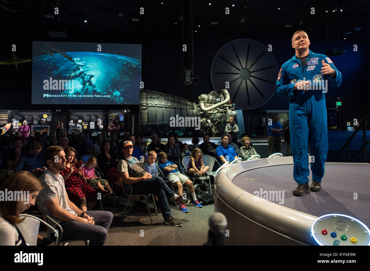 NASA astronaut Jack Fischer speaks about his time onboard the International Space Station (ISS) during Expeditions 51/52, Friday, Nov. 3, 2017 at Smithsonian's National Air and Space Museum in Washington. During Expedition 52, Fischer completed hundreds of scientific experiments and two spacewalks, and concluded his 136-day mission when he landed in a remote area near the town of Zhezkazgan, Kazakhstan in September 2017. Photo Credit: (NASA/Aubrey Gemignani) Stock Photo