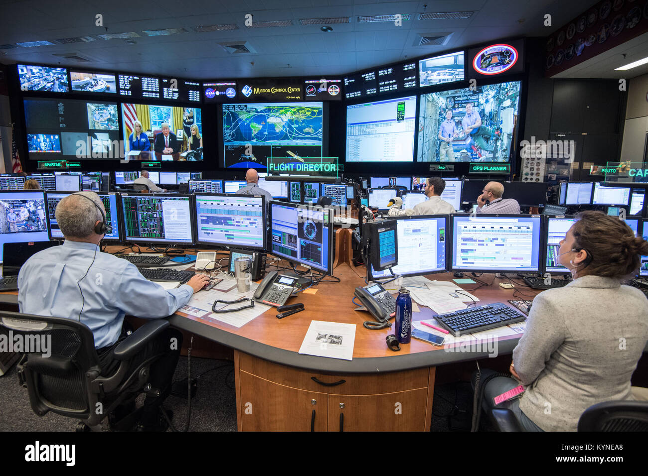 Flight Director Brian Smith and astronauts Jessica Meir and Jeff Williams monitor mission activities in Houston's Mission Control. On April 24, 2017, President Donald Trump and Ivanka Trump made a historic call from the Oval Office to NASA astronaut Peggy Whitson aboard the International Space Station, congratulating her for her record-breaking mission. Stock Photo