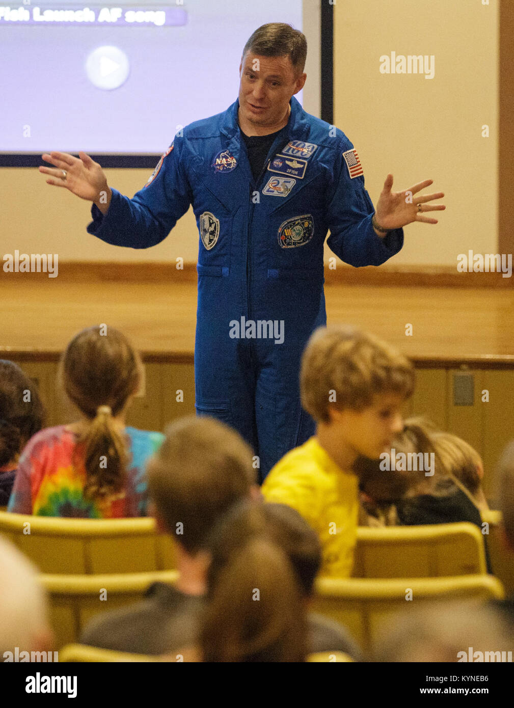 NASA astronaut Jack Fischer speaks about his time aboard the International Space Station as part of Expeditions 51 and 52, Saturday, Nov. 4, 2017 at the Rock Creek Park Nature Center and Planetarium in Washington, DC. During his 136 day mission aboard the ISS, Fischer conducted two spacewalks and hundreds of scientific experiments.  Photo Credit: (NASA/Joel Kowsky) Stock Photo
