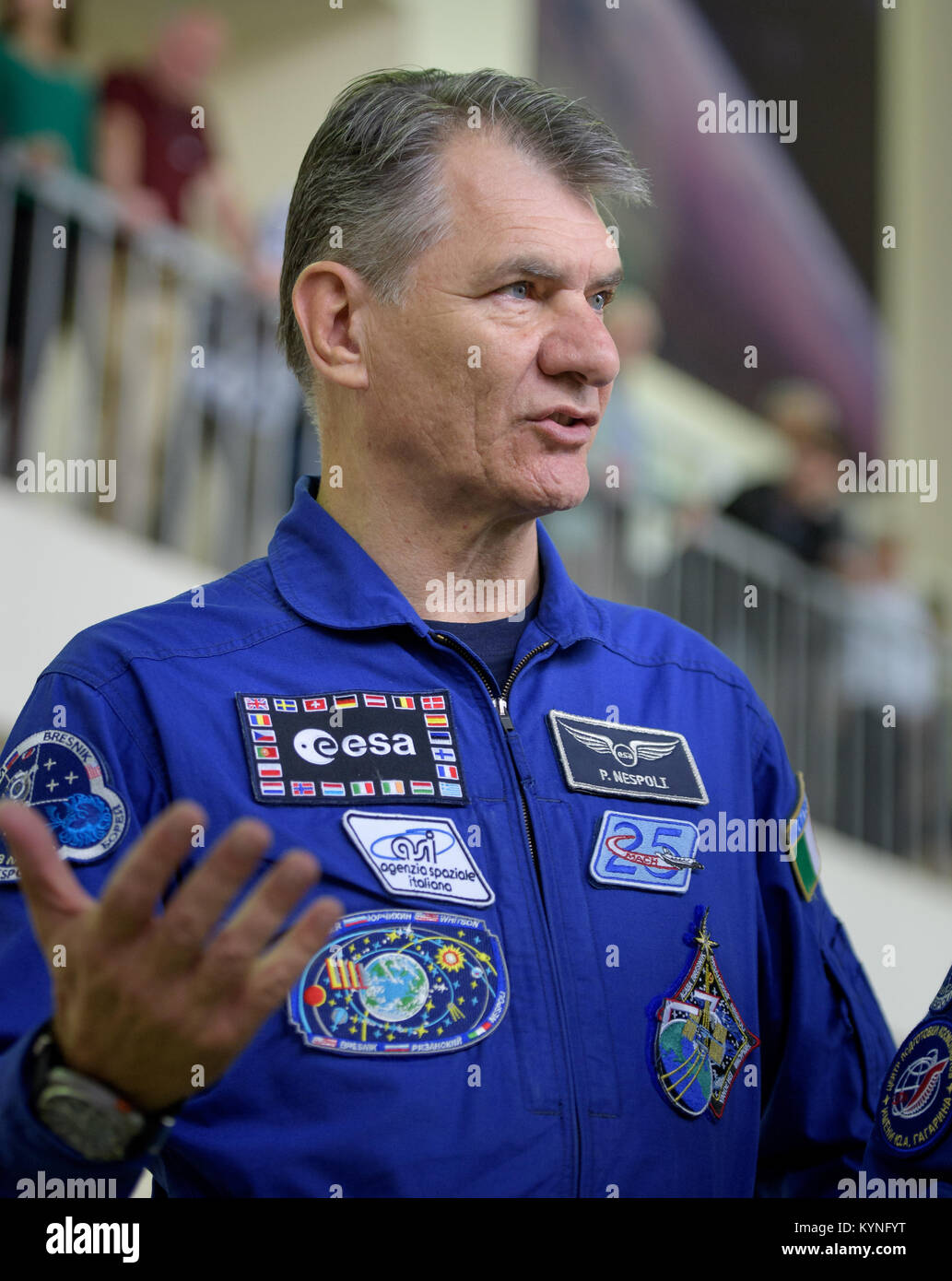 Expedition 52 flight engineer Paolo Nespoli of ESA answers questions from the media as he and Randy Bresnik of NASA, and Sergey Ryazanskiy of Roscosmos start their second to last day of qualification exams, Thursday, July 6, 2017 at the Gagarin Cosmonaut Training Center (GCTC) in Star City, Russia. Photo Credit: (NASA/Bill Ingalls) Stock Photo