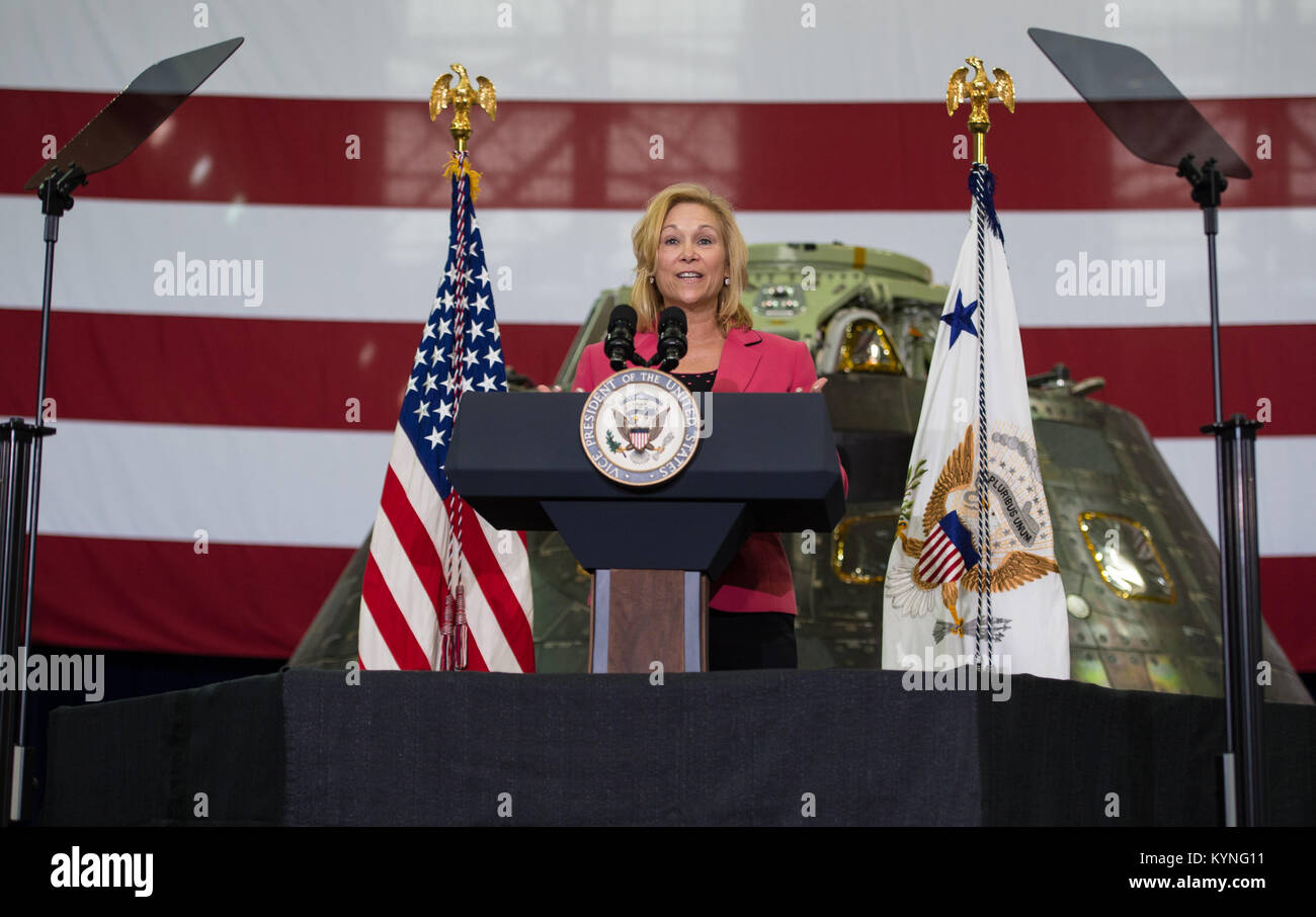 NASA Kennedy Space Center (KSC) Deputy Director Janet Petro welcomes guests and introduces KSC Director, Robert Cabana, Thursday, July 6, 2017, at the Vehicle Assembly Building at KSC in Cape Canaveral, Florida. Vice President Mike Pence is also scheduled to speak at the event to highlight innovations made in America and tour some of the public-private partnership work that is helping to transform the center into a multi-user spaceport. Photo Credit: (NASA/Aubrey Gemignani) Stock Photo