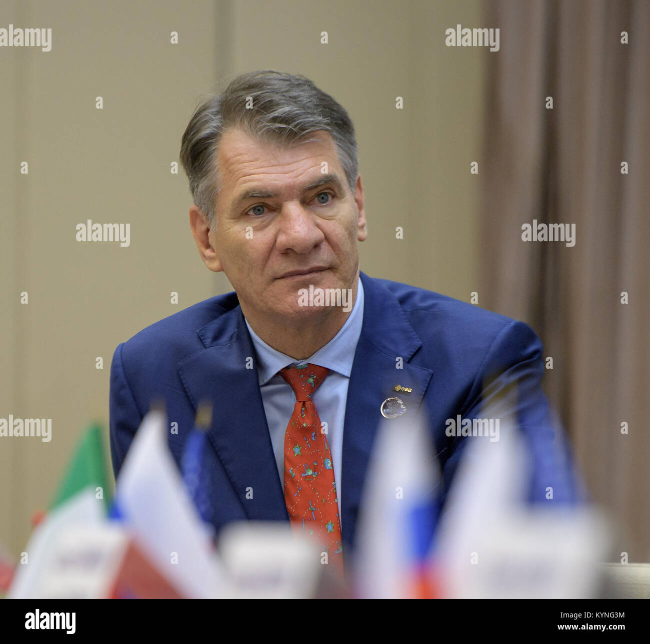 Expedition 52 flight engineer Paolo Nespoli of ESA is seen during a crew press conference at the Gagarin Cosmonaut Training Center (GCTC), Monday, July 10, 2017 in Star City, Russia.  Photo Credit: (NASA/Bill Ingalls) Stock Photo