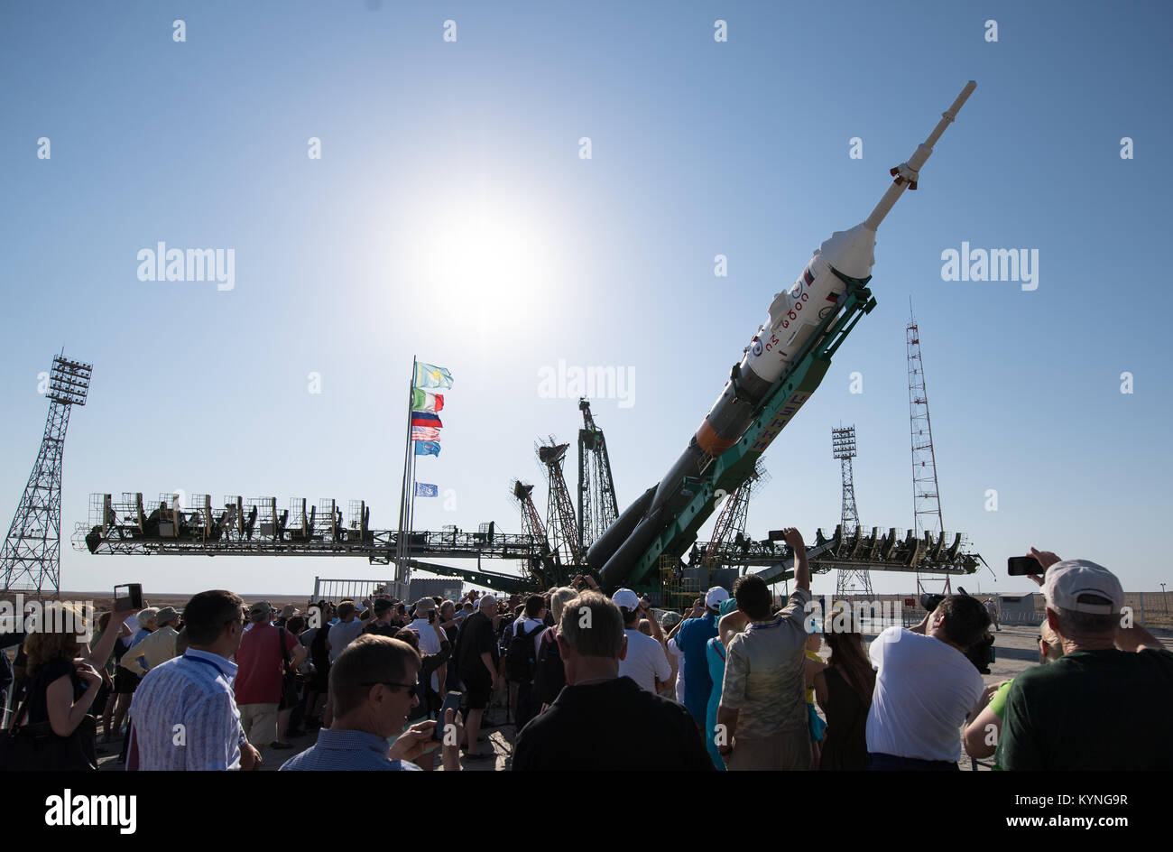 The Soyuz MS-05 spacecraft is seen on the launch pad after being rolled out by train at the Baikonur Cosmodrome, Kazakhstan, Wednesday, July 26, 2017.  Expedition 52 flight engineer Sergei Ryazanskiy of Roscosmos, flight engineer Randy Bresnik of NASA, and flight engineer Paolo Nespoli of ESA (European Space Agency), are scheduled to launch to the International Space Station aboard the Soyuz spacecraft from the Baikonur Cosmodrome on July 28.  Photo Credit: (NASA/Joel Kowsky) Stock Photo