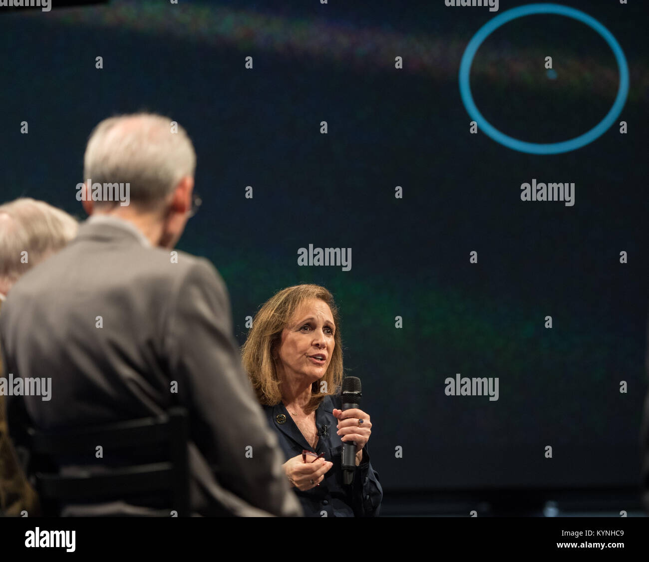 Ann Druyan, writer/producer and golden record visionary, speaks about the last image of Earth from the Voyager spacecraft, at an event to celebrate the 40th Anniversary of the launch of the Voyager 1 and 2 missions, Tuesday, September 5, 2017 at Smithsonian's National Air and Space Museum in Washington. Voyager 1 was launched September 5, 1977, with a mission to study Jupiter and Saturn, but now the twin Voyager spacecrafts are on a journey into interstellar space to search for the heliopause, a region never reached by any other spacecraft. Photo Credit: (NASA/Aubrey Gemignani) Stock Photo