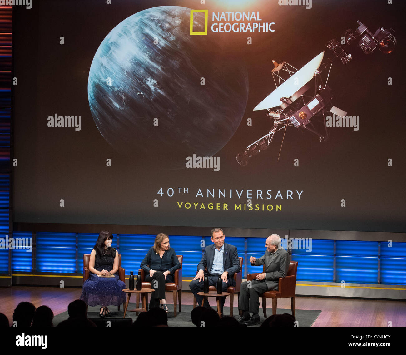 Victoria Jaggard, National Geographic Magazine science editor, left, moderates a panel discussion with, Ann Druyan, writer/producer and golden record visionary, second from left; Thomas Zurbuchen, associate administrator for NASA's Science Mission Directorate, second from right; and Ed Stone, Voyager project scientist, right, at an event to celebrate the 40th Anniversary of the launch of the Voyager 1 and 2 missions, Tuesday, September 5, 2017 at National Geographic Society Headquarters in Washington. Voyager 1 was launched September 5, 1977, with a mission to study Jupiter and Saturn, but now Stock Photo
