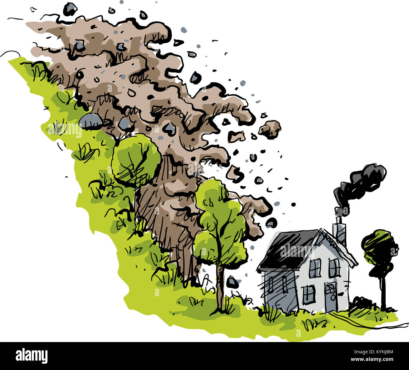 A sudden mudslide of dirt and rock falls towards a small house at the bottom of a hill. Stock Photo
