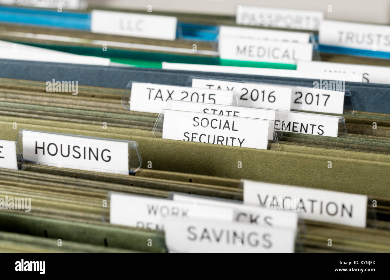 Home filing system for Social Security organized in folders Stock Photo