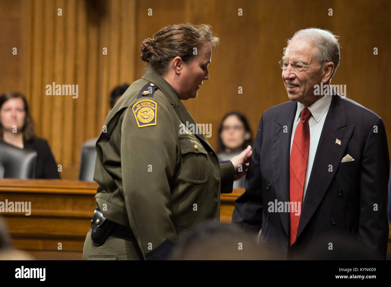 U.S. Customs and Border Protection, USBP Acting Chief Carla Provost testified before the Judiciary Committee hearing on the subject &quot;The MS-13 Problem: Investigating Gang Membership, its Nexus to Illegal Immigration, and Federal Efforts to End the Threat&quot; at the Dirksen Senate Office Building.  Seen here Acting Chief Carla speaks with the Chairman, Mr. Grassley prior to the start of the hearing.  Photographer: Donna Burton Stock Photo