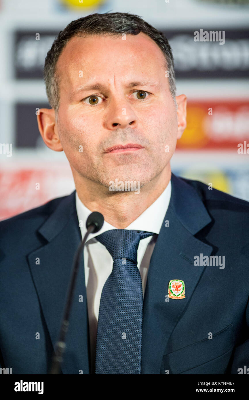 Monday  15 January 2018  Pictured: Wales Manager Ryan Giggs  Re: Former Manchester United Footballer Ryan Giggs is unveiled as Manager of the Welsh National Football Team in a press Conference at the Vale Resort,Cardiff, Wales, UK Stock Photo