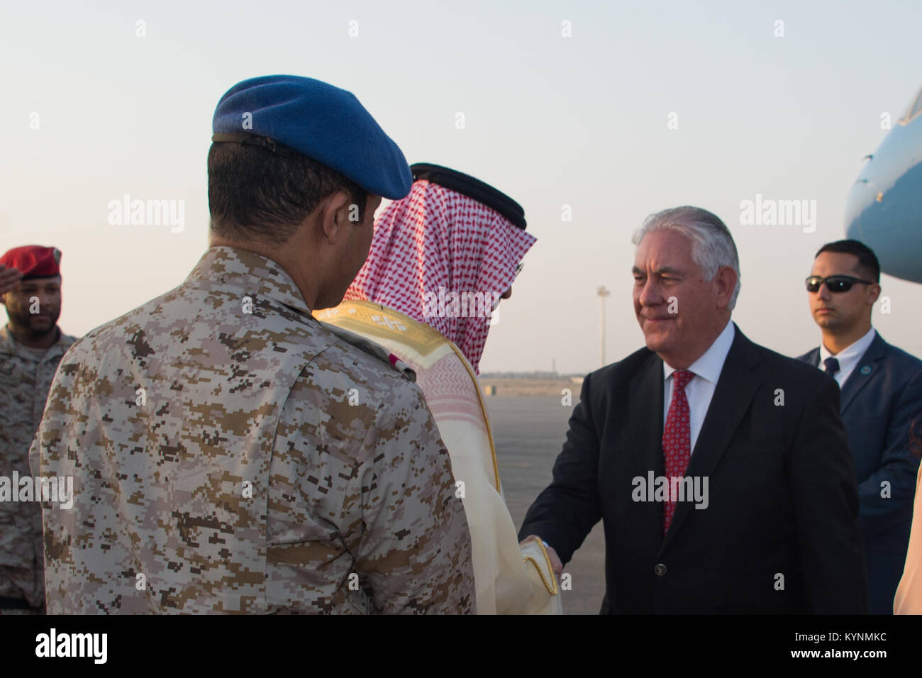 U.S. Secretary of State Rex Tillerson is Greeted by Saudi Undersecretary for the Ministry of Foreign Affairs for Protocol Affairs Azzam Al-Gain at the King Salman Air Base upon arrival in Riyadh, Saudi Arabia on October 21, 2017. Stock Photo
