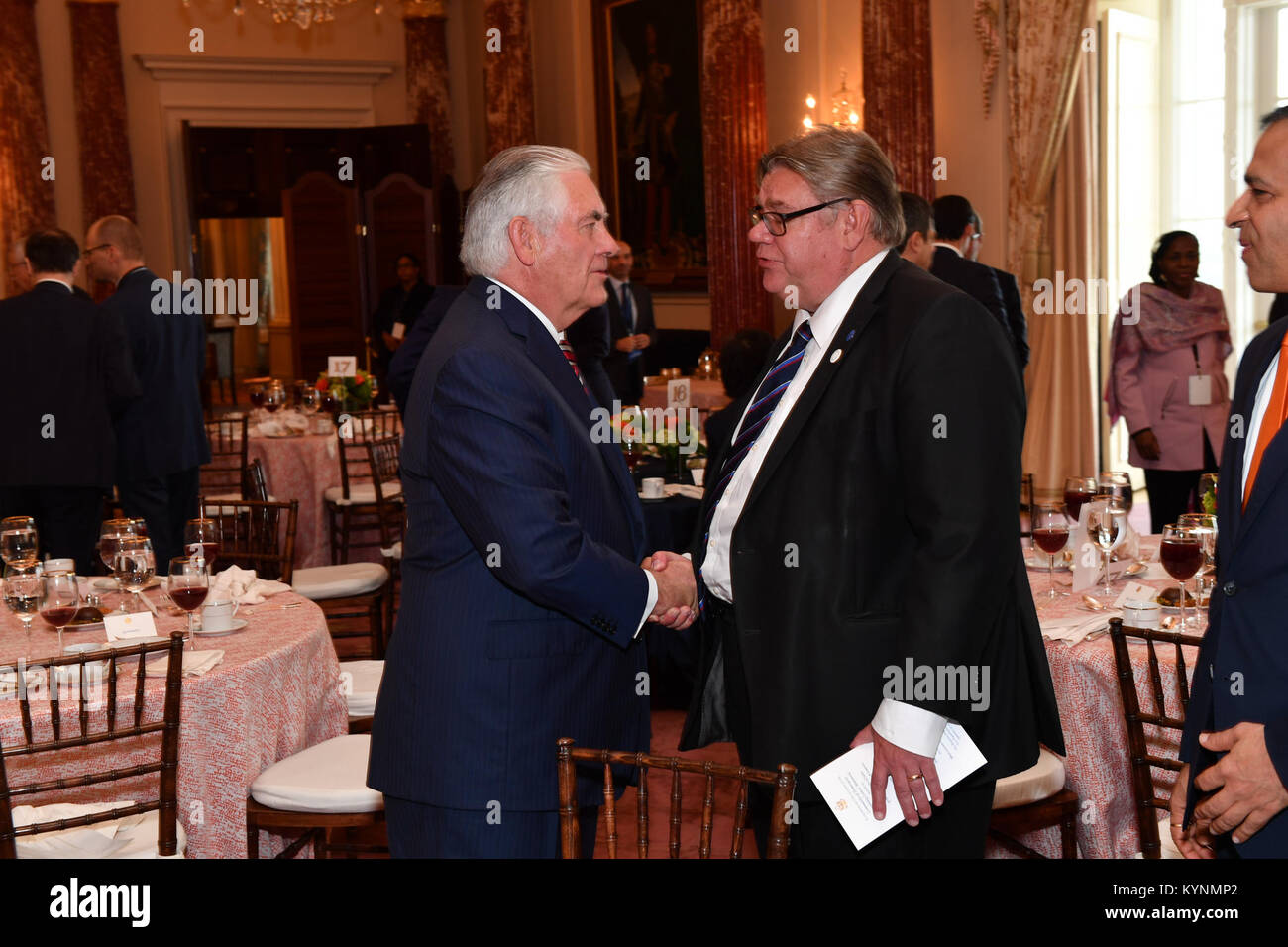 U.S. Secretary of State Rex Tillerson greets Finland Foreign Minister Timo Juhani Soini during the working lunch for members of the Ninth Community of Democracies Governing Council Ministerial, at the U.S. Department of State in Washington, D.C. on September 15, 2017. Stock Photo
