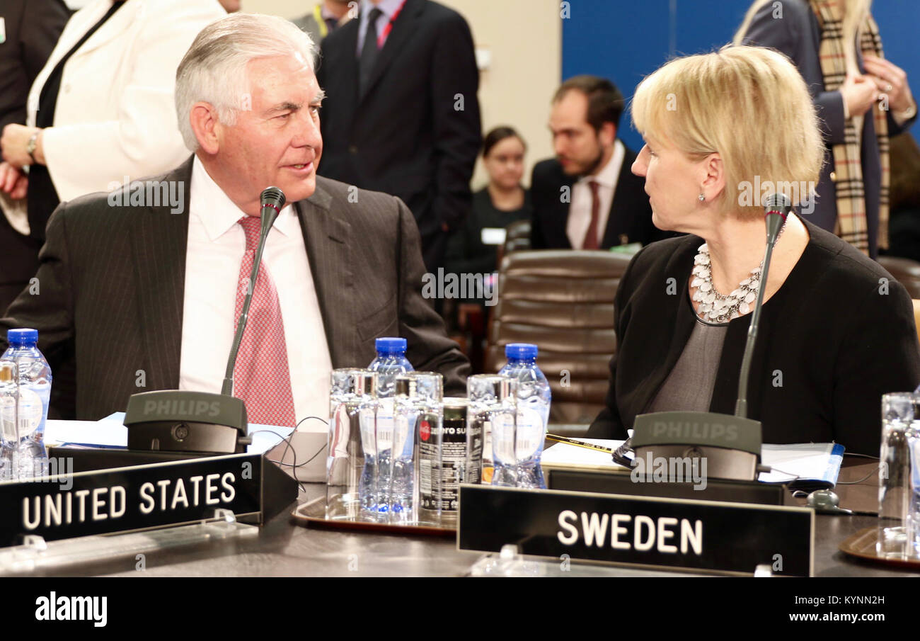 U.S. Secretary of State Rex  Tillerson chats with Sweden Foreign Affairs Minister Margot Wallstrom at NATO Headquarters in Brussels, Belgium on December 5, 2017. Stock Photo
