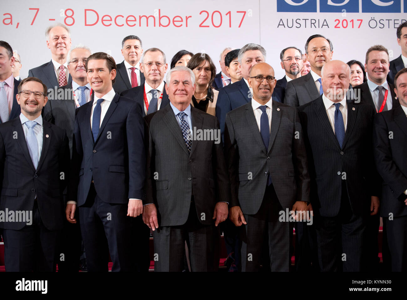 U.S. Secretary of State Rex Tillerson  participates in a family photo at the 2017 Organization for Security and Co-operation in Europe (OSCE) Ministerial Council in  Vienna, Austria on December 7, 2017. Stock Photo